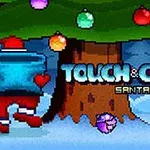 Ông già Noel đang cầm một chiếc hộp đứng dưới cây thông Giáng Sinh với các quả cầu màu sắc và dòng chữ Touch & Catch Santa