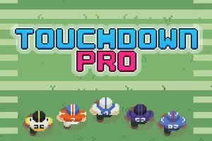 Hình ảnh có chữ TOUCHDOWN PRO màu xanh và hồng phía trên, với năm cầu thủ bóng bầu dục theo phong cách pixel chạy trên sân cỏ