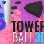 Quả bóng màu tím đang rơi dọc theo một tòa tháp xoắn ốc màu hồng với dòng chữ Tower Ball 3D trên nền màu tím