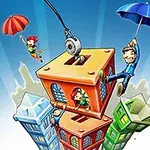 Những tòa nhà xếp chồng lên nhau với người cầm ô bay bên cạnh và cần cẩu xây dựng trên nền xanh