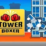 Người đeo găng tay đỏ đang đấm vào toà nhà, làm vỡ các phần của cửa sổ, với logo Tower Boxer bên cạnh