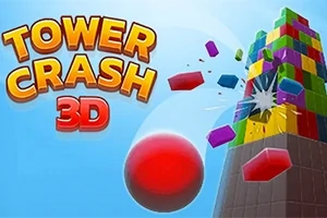 Tiêu đề Tower Crash 3D với quả bóng đỏ đập vào tháp gạch nhiều màu sắc, tạo ra hiệu ứng vỡ