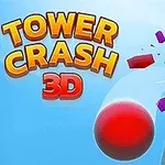 Tiêu đề Tower Crash 3D với quả bóng đỏ đập vào tháp gạch nhiều màu sắc, tạo ra hiệu ứng vỡ