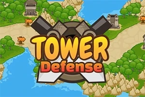 Logo với chữ Tower Defense nổi bật trên nền bản đồ có các con đường, cây xanh và tòa tháp