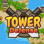 Logo với chữ Tower Defense nổi bật trên nền bản đồ có các con đường, cây xanh và tòa tháp