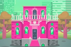 Một tòa nhà màu hồng độc đáo với thiết kế cổ điển, xung quanh là cây và các tòa nhà khác