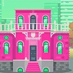 Một tòa nhà màu hồng độc đáo với thiết kế cổ điển, xung quanh là cây và các tòa nhà khác