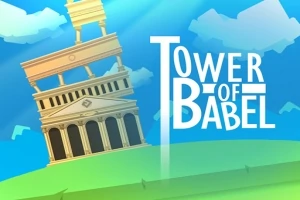 Tòa tháp nghiêng với cấu trúc cổ điển trên nền xanh da trời, kèm dòng chữ Tower of Babel