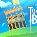 Tòa tháp nghiêng với cấu trúc cổ điển trên nền xanh da trời, kèm dòng chữ Tower of Babel