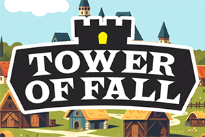 Biển hiệu lớn với dòng chữ TOWER OF FALL phía trước cảnh quan làng mạc với những ngôi nhà mái ngói và tháp cao