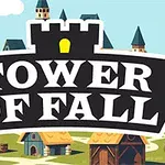 Biển hiệu lớn với dòng chữ TOWER OF FALL phía trước cảnh quan làng mạc với những ngôi nhà mái ngói và tháp cao