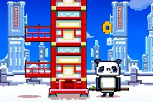Hình ảnh hiển thị một con gấu trúc pixel đứng bên cạnh một tòa tháp đỏ trong khung cảnh tuyết rơi với các tòa nhà cao tầng phía sau