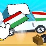 Chiếc ô tô trắng với các mảnh ghép có màu sắc đỏ, trắng và xanh lá cây đang được lắp ráp, bên cạnh biểu tượng tay chỉ và một bộ lốp xe dự phòng
