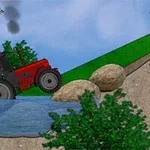 Máy kéo đỏ đang băng qua con suối, phía sau có cối xay gió và cây xanh
