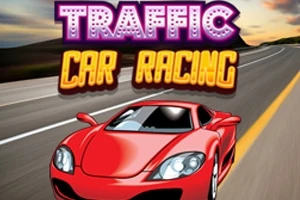 Xe thể thao màu đỏ chạy trên đường cao tốc với bầu trời hoàng hôn và chữ Traffic Car Racing ở trên