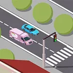 Xe tải màu hồng và xe ô tô màu xanh chạy trên con đường với các dải phân cách, cây xanh, và đèn giao thông