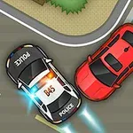 Xe cảnh sát truy đuổi một xe hơi đỏ tại ngã tư với hiệu ứng đèn sáng rực rỡ