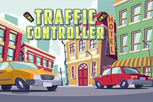 Hai chiếc xe ô tô trên đường phố với các tòa nhà và biển hiệu Traffic Controller