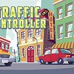Hai chiếc xe ô tô trên đường phố với các tòa nhà và biển hiệu Traffic Controller