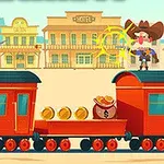 Hai cao bồi đứng trên toa tàu đang giao đấu trong bối cảnh miền viễn Tây với các tòa nhà và túi tiền vàng trên tàu