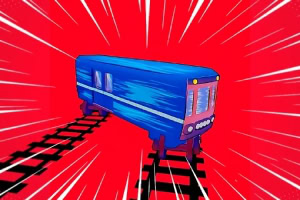 Tàu màu xanh trên đường ray với nền đỏ rực và các đường sáng bùng nổ xung quanh