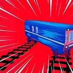 Tàu màu xanh trên đường ray với nền đỏ rực và các đường sáng bùng nổ xung quanh