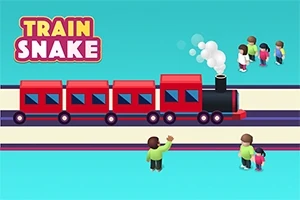 Tàu hỏa màu đỏ chạy trên đường ray, xung quanh có người đứng trên nền xanh dương sáng