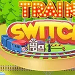 Logo với chữ TRAIN SWITCH trên nền hình ảnh một đoàn tàu và cây xanh