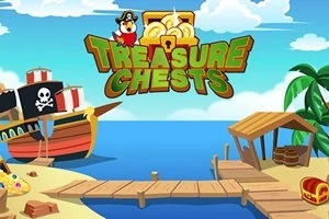 Một con tàu cướp biển bên bờ biển với rương kho báu và cây cọ, kèm dòng chữ Treasure Chests ở trên cùng