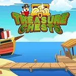 Một con tàu cướp biển bên bờ biển với rương kho báu và cây cọ, kèm dòng chữ Treasure Chests ở trên cùng