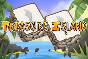 Hình ảnh hai khối đá lớn trên bãi biển nhiệt đới, với dòng chữ Treasure Island màu vàng và cam ở phía trước