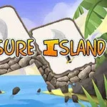 Hình ảnh hai khối đá lớn trên bãi biển nhiệt đới, với dòng chữ Treasure Island màu vàng và cam ở phía trước