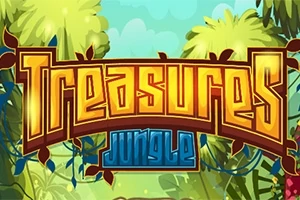 Chữ Treasures Jungle nổi bật với phông chữ lớn màu vàng và xanh trên nền rừng nhiệt đới xanh tươi