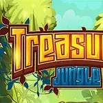 Chữ Treasures Jungle nổi bật với phông chữ lớn màu vàng và xanh trên nền rừng nhiệt đới xanh tươi