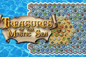 Tiêu đề Treasures of the Mystic Sea trên nền màu xanh dương với bảng lục giác chứa biểu tượng kho báu đa dạng