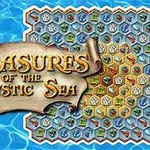 Tiêu đề Treasures of the Mystic Sea trên nền màu xanh dương với bảng lục giác chứa biểu tượng kho báu đa dạng