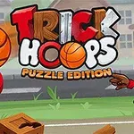 Một nhân vật hoạt hình đang ném bóng rổ vào rổ với dòng chữ Trick Hoops Puzzle Edition trên nền bối cảnh thành phố
