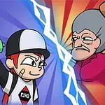 Nhân vật hoạt hình đội mũ lưỡi trai đối đầu với bà già cầm gậy, giữa họ là tia chớp cắt ngang nền màu sắc rực rỡ