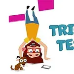 Nhân vật hoạt hình đứng ngược, đeo kính, bên cạnh một chú chó con, với dòng chữ TRICKY TEST