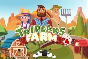 Ba nhân vật đứng trước một nông trại với chữ TRIPEAKS FARM và các công cụ làm nông bên cạnh
