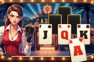 Một người phụ nữ mặc áo sơ mi đỏ cầm bài tây đứng trước khung cảnh casino với các lá bài J, Q, K, và A nổi bật