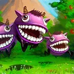 Ba sinh vật màu tím với miệng cười lớn, có sừng, đang bay lơ lửng trên nền cảnh thiên nhiên xanh mát với cây cối và núi non