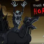 Một cảnh hoạt hình với nhân vật quỷ dữ đứng trên lưng ngựa và một nhân vật cười lớn, nền tối và u ám