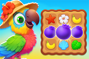 Tropical Match 2 Chú vẹt nhiều màu đeo mũ bên cạnh bảng gồm các biểu tượng trái cây và sao biển