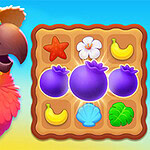 Tropical Match 2 Chú vẹt nhiều màu đeo mũ bên cạnh bảng gồm các biểu tượng trái cây và sao biển