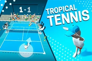 Một hình ảnh với hai nhân vật đang chơi tennis trên sân xanh và dòng chữ Tropical Tennis nổi bật bên cạnh