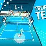 Một hình ảnh với hai nhân vật đang chơi tennis trên sân xanh và dòng chữ Tropical Tennis nổi bật bên cạnh