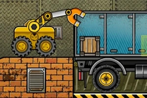 Truck Loader 4 Một chiếc cần cẩu màu vàng đang di chuyển hộp gỗ lên xe tải trên nền gạch
