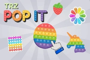 Hình ảnh chứa nhiều đồ chơi Pop It với màu sắc cầu vồng, trong đó có một chiếc hình tròn ở trung tâm, một ngón tay chỉ vào, cùng với các hình dạng dâu tây và kỳ lân