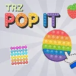 Hình ảnh chứa nhiều đồ chơi Pop It với màu sắc cầu vồng, trong đó có một chiếc hình tròn ở trung tâm, một ngón tay chỉ vào, cùng với các hình dạng dâu tây và kỳ lân